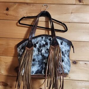 American Darling Cowhide Fringe Tote - Brown & White